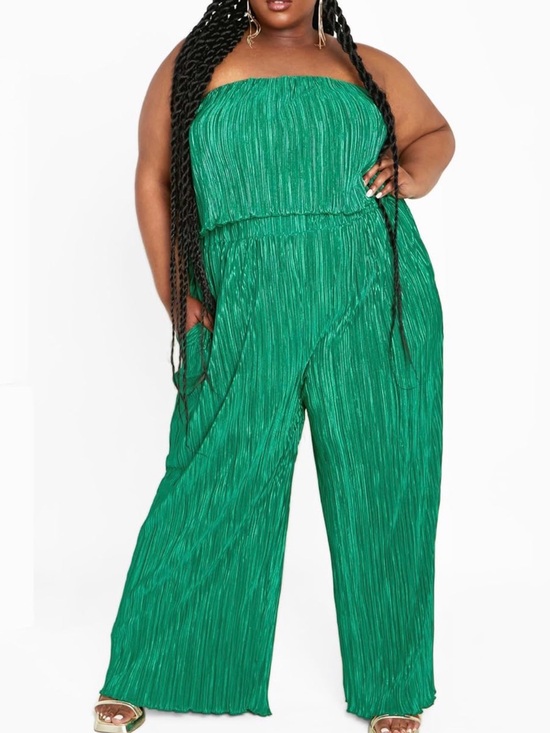 City Chic Pants - City Chic Emerald Green Strapless Pleated Wide-Leg Jumpsuit